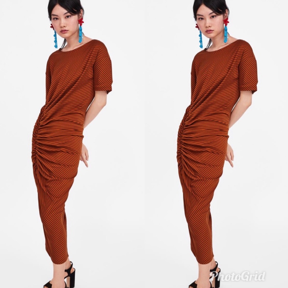 Zara Burnt Orange Ruched Dress Size Small